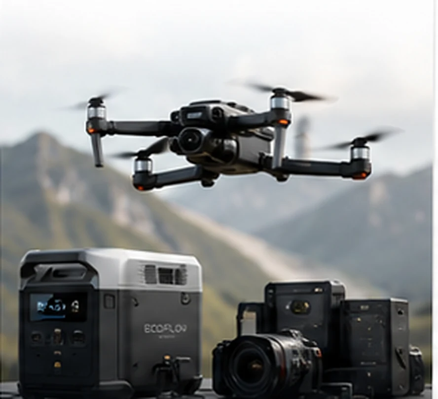 Dron, cámara y estación EcoFlow para producción audiovisual